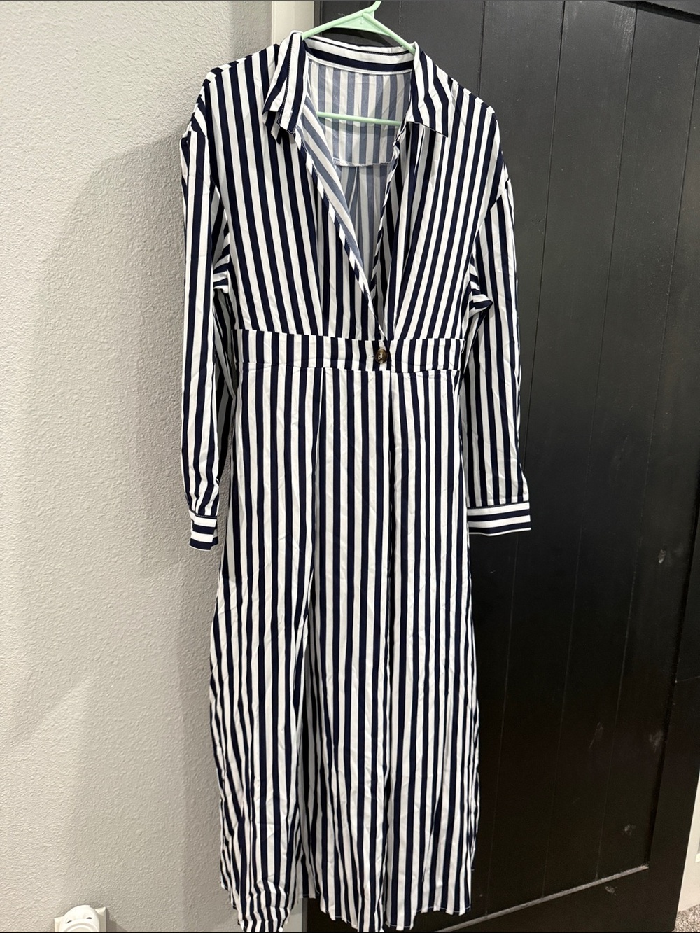 SHEIN Navy and White Vertical Stripe Long Sleeve Shirt Dress